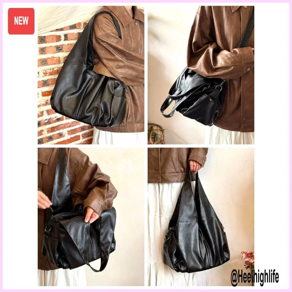 Vintage Faux Leather Hobo Bag Slouchy Shoulder Purse Crossbody Multi Pocket